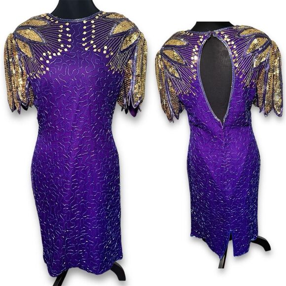 Laurence Kazar Dresses & Skirts - Laurence Kazar Silk Purple and Gold Embellished Sheath Dress